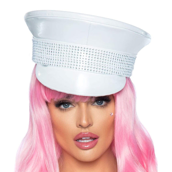 Rhinestone Trimmed Military Hat White O/S Hanging (hanging no packaging)