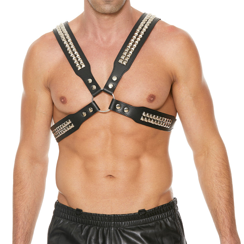 Shots Premium Leather Adjustable Pyramid Stud Body Harness Black