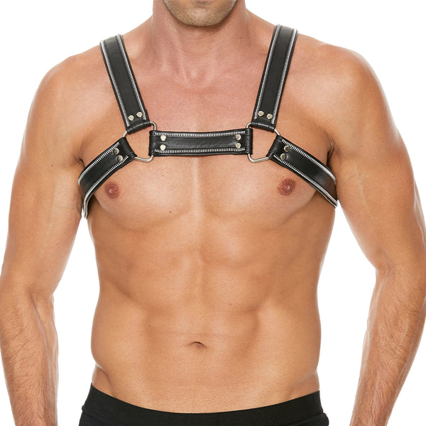 Shots Premium Leather Zipper Series D-Ring Bulldog Harness Black L/XL