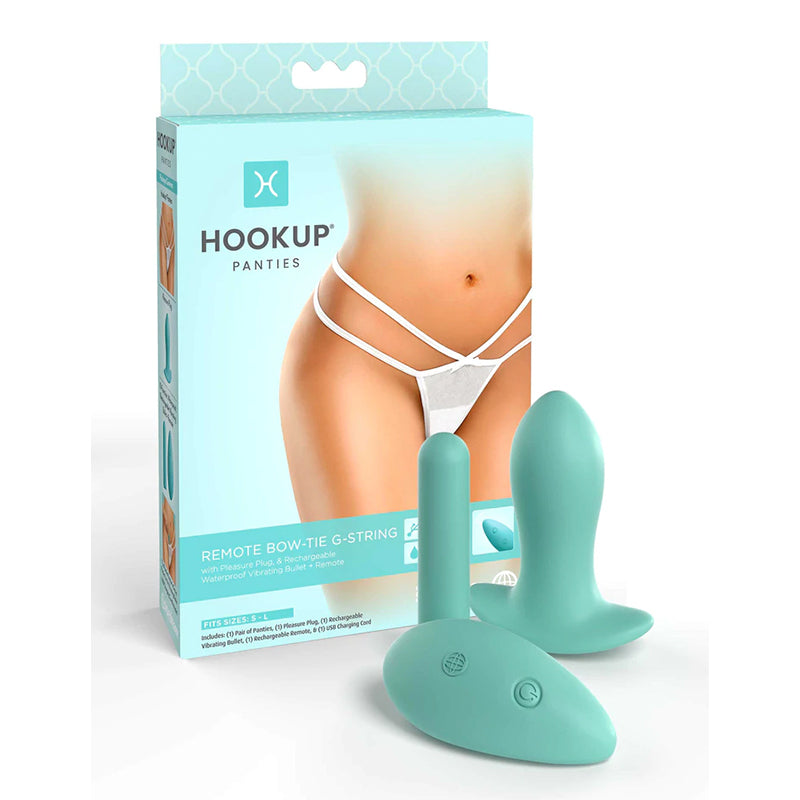 Pipedream Hookup Panties Remote Bowtie G-String With Anal Plug & Bullet White/Aqua S-L