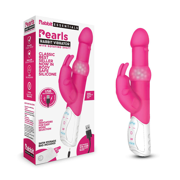 Rabbit Essentials Pearls Rabbit Vibrator with Rotating Shaft Rechargeable Silicone Hot Pink