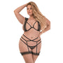 Magic Silk Ruffled Bra, Stirrup Garter & Split-Crotch Panty Set Black QUEEN