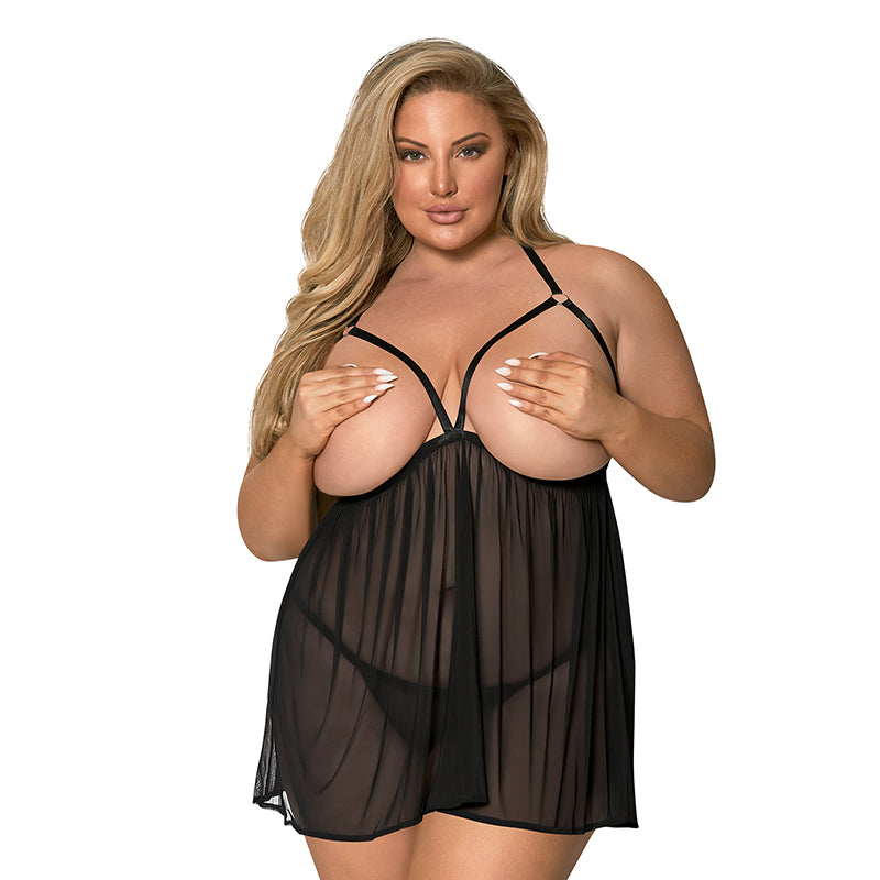 Magic Silk Sassy Cupless Babydoll & Crotchless Panty Set Black QUEEN