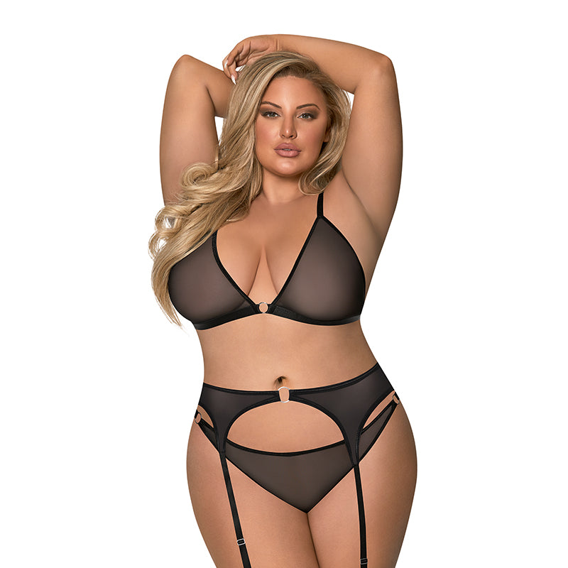 Magic Silk Sassy Bra, Garter & Rouched Panty Black QUEEN