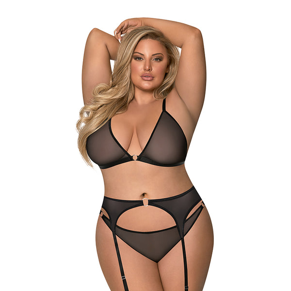 Magic Silk Sassy Bra, Garter & Rouched Panty Black QUEEN