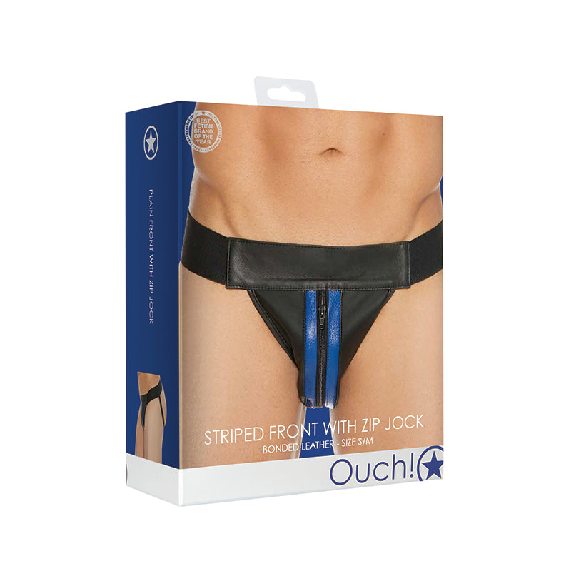 Ouch! Bonded Leather Striped-Front Jock With Zip Blue S/M