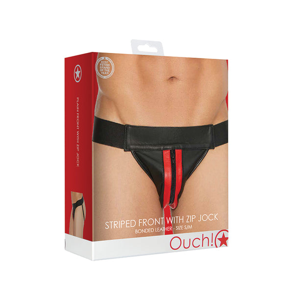 Ouch! Bonded Leather Striped-Front Jock With Zip Red S/M