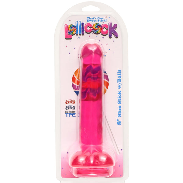 8 Inch Slim Stick with Balls Cherry Ice Dildo - Royal Sins