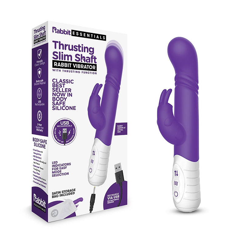 Rabbit Essentials Thrusting Slim Shaft Rabbit Vibrator Rechargeable Silicone Purple