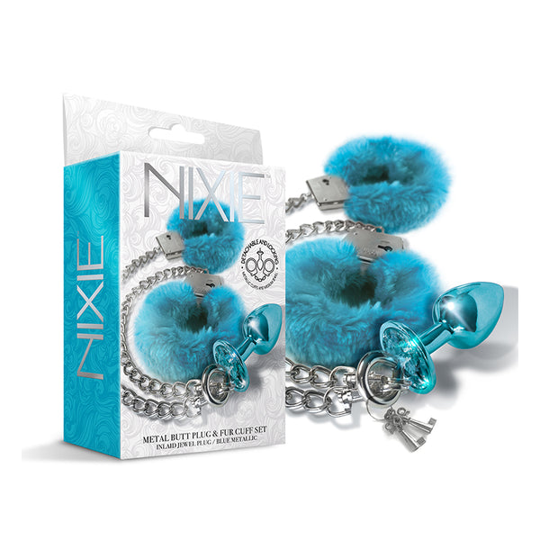 Nixie Metal Butt Plug & Furry Handcuff Set Medium?Blue Metallic