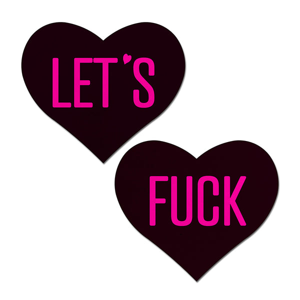 Pastease Love: Let's Fuck Black Heart on Neon Pink Base Nipple Pasties