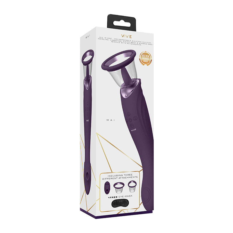 VIVE MAI Rechargeable Pulse & Air Wave Swirling Suction Dual-Ended Vibrator With Attachments Purple