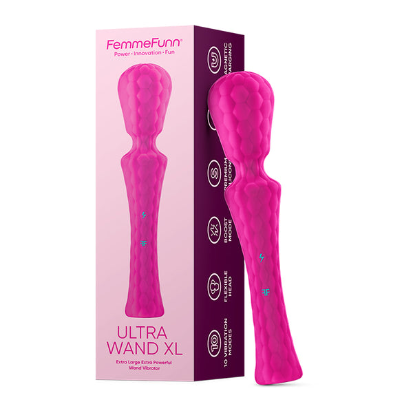 FemmeFunn Ultra Wand XL Rechargeable Flexible Textured Silicone Vibrator Pink Rechargeable Wand Massager