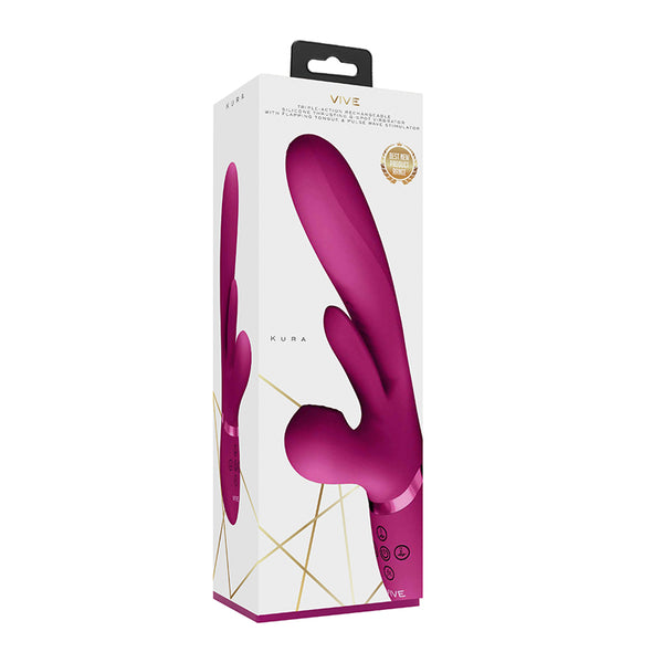 VIVE KURA Rechargeable Thrusting Silicone G-Spot Vibrator with Flapping Tongue and Pulse Wave Stimulator Pink