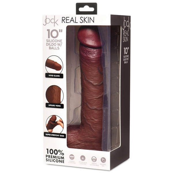 10 Inch Real Skin Silicone Dildo with Balls - Dark