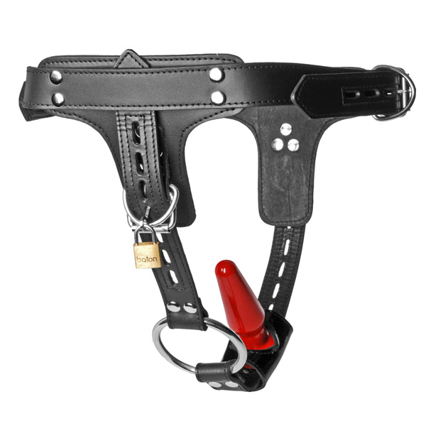 Premium Locking Leather Cock Ring and Anal Plug Harness