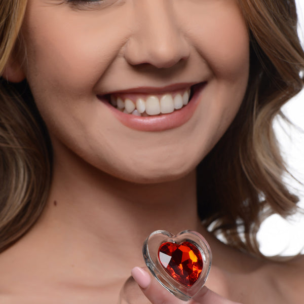 Red Heart Gem Glass Anal Plug - Small