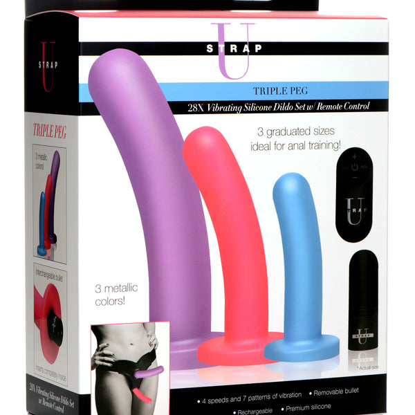 Triple Peg 28X Vibrating Silicone Dildo Set with Remote Control