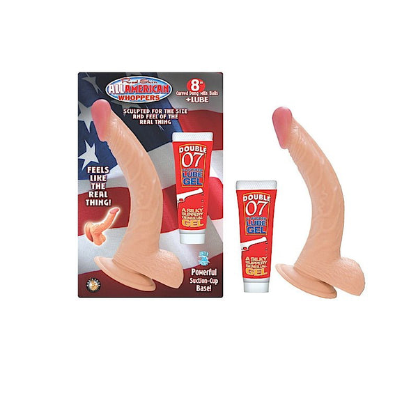 All American Whoppers 8 in. Curved Dong with Balls + Lube - Royal Sins