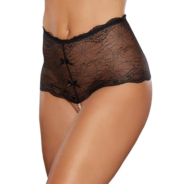 Allure Passion & Pearl High - Waisted Lace Thong with Pearl String Black O/S - Royal Sins