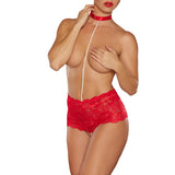 Allure Posh & Spicey High - Waisted Lace Thong with Pearl String and Collar Red O/S - Royal Sins