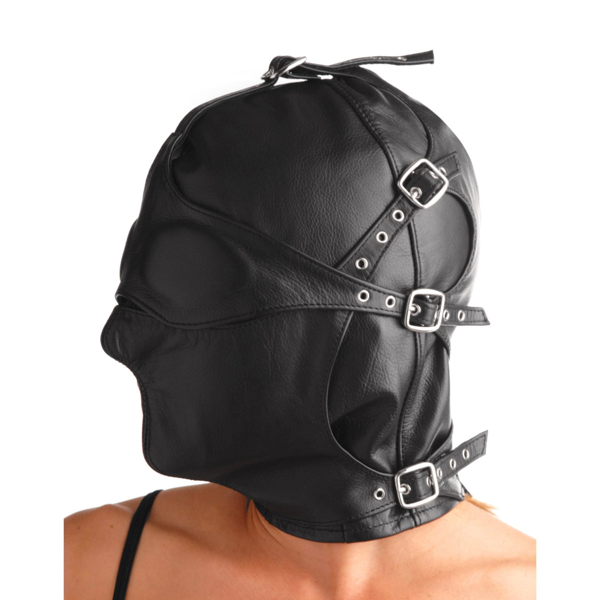 Asylum Leather Hood with Removable Blindfold and Muzzle - ML - Royal Sins