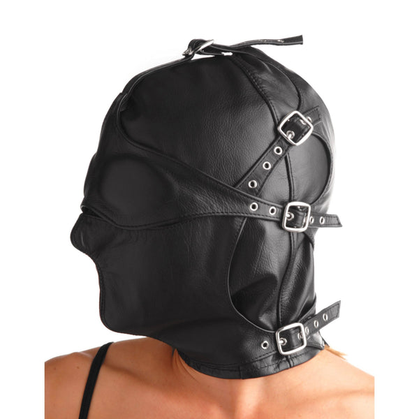 Asylum Leather Hood with Removable Blindfold and Muzzle - ML - Royal Sins