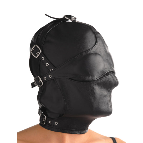 Asylum Leather Hood with Removable Blindfold and Muzzle - ML - Royal Sins