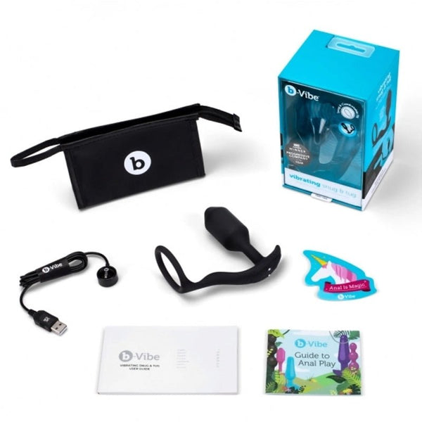 b - Vibe Vibrating Snug & Tug Rechargeable Weighted Silicone Anal Plug with Cockring M Black - Royal Sins