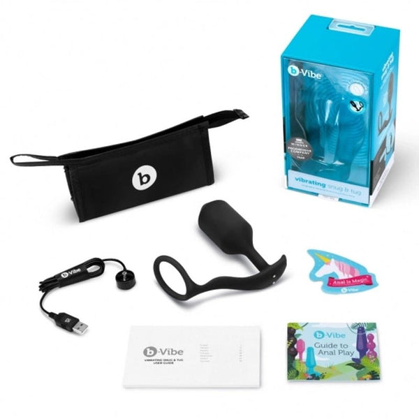 b - Vibe Vibrating Snug & Tug Rechargeable Weighted Silicone Anal Plug with Cockring XL Black - Royal Sins