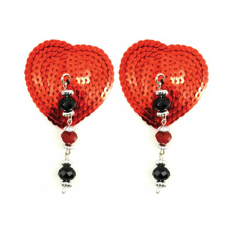 Bijoux de Nip Red Sequin Heart Pasties with Faceted Beads - Royal Sins