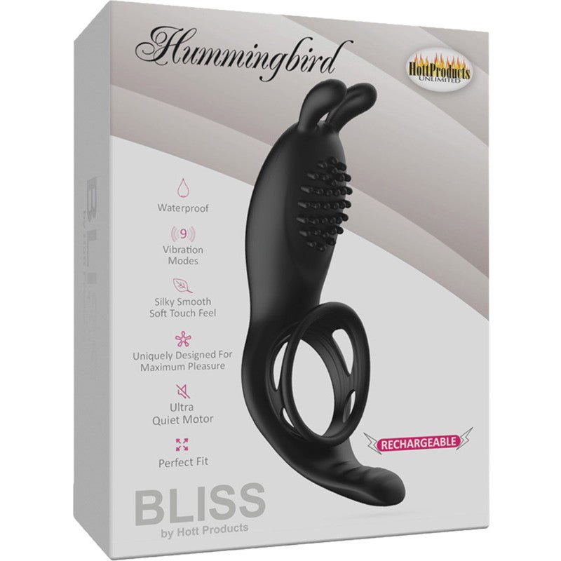 Bliss Humingbird Vibrating Cock Ring With Clit And Anal Stimulators Black - Royal Sins