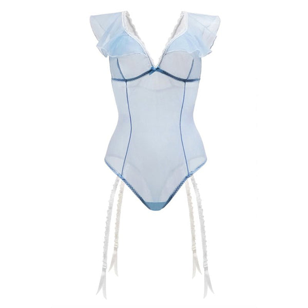 Blue Daiquiri Ruffled Teddy With Garter Powder Blue L/XL - Royal Sins