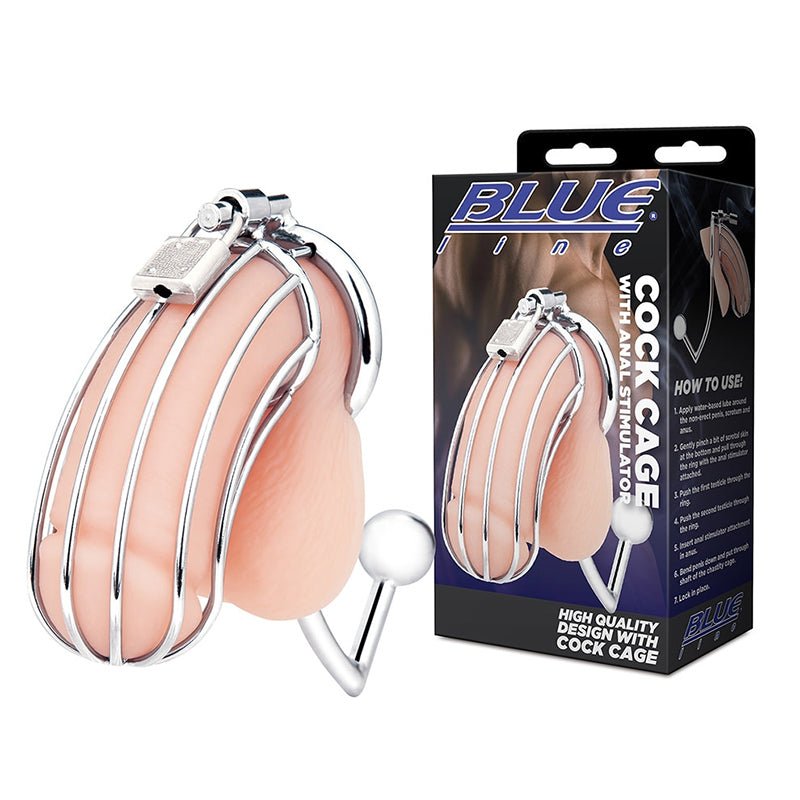 Blue Line Cock Cage with Anal Stimulator Silver - Royal Sins