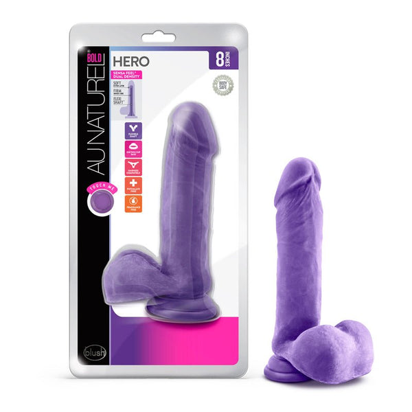 Blush Au Naturel Bold Hero 8 in. Posable Dual Density Dildo with Balls & Suction Cup Purple - Royal Sins