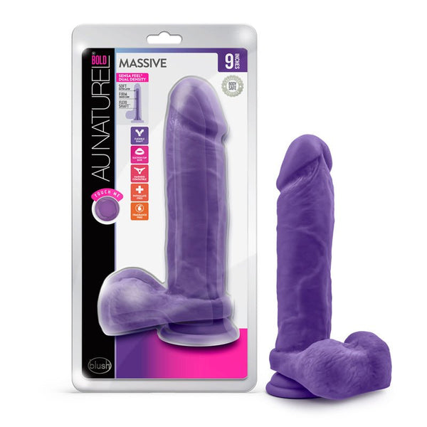 Blush Au Naturel Bold Massive 9 in. Posable Dual Density Dildo with Balls & Suction Cup Purple - Royal Sins