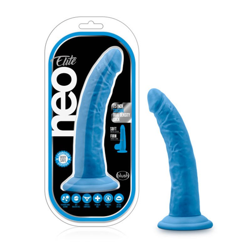 Blush Neo Elite 7.5 in. Silicone Dual Density Dildo with Suction Cup Neon Blue - Royal Sins