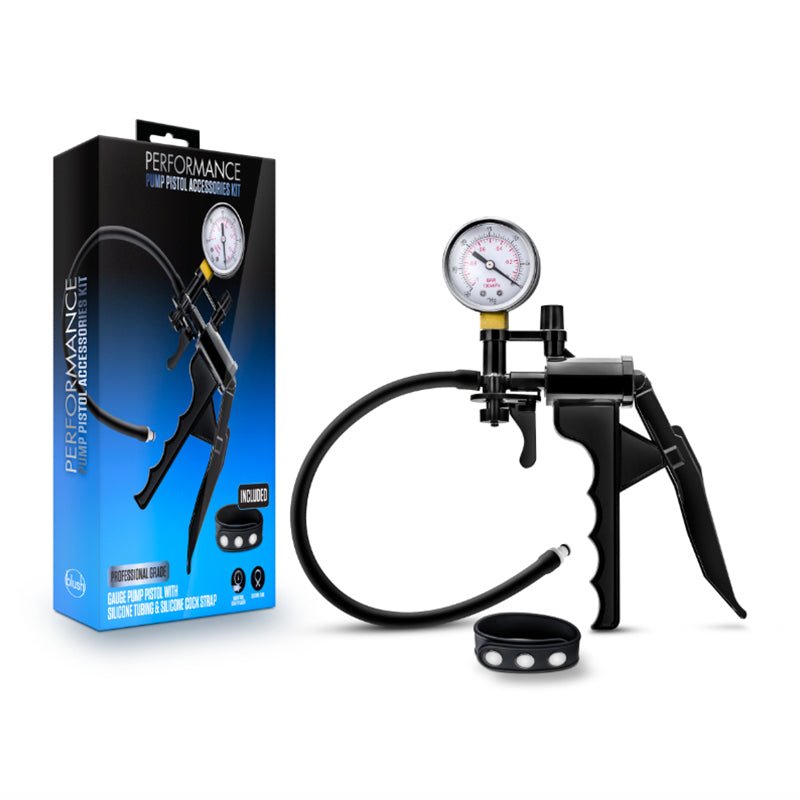 Blush Performance Gauge Pump Pistol with Silicone Tubing & Silicone Cock Strap Black - Royal Sins