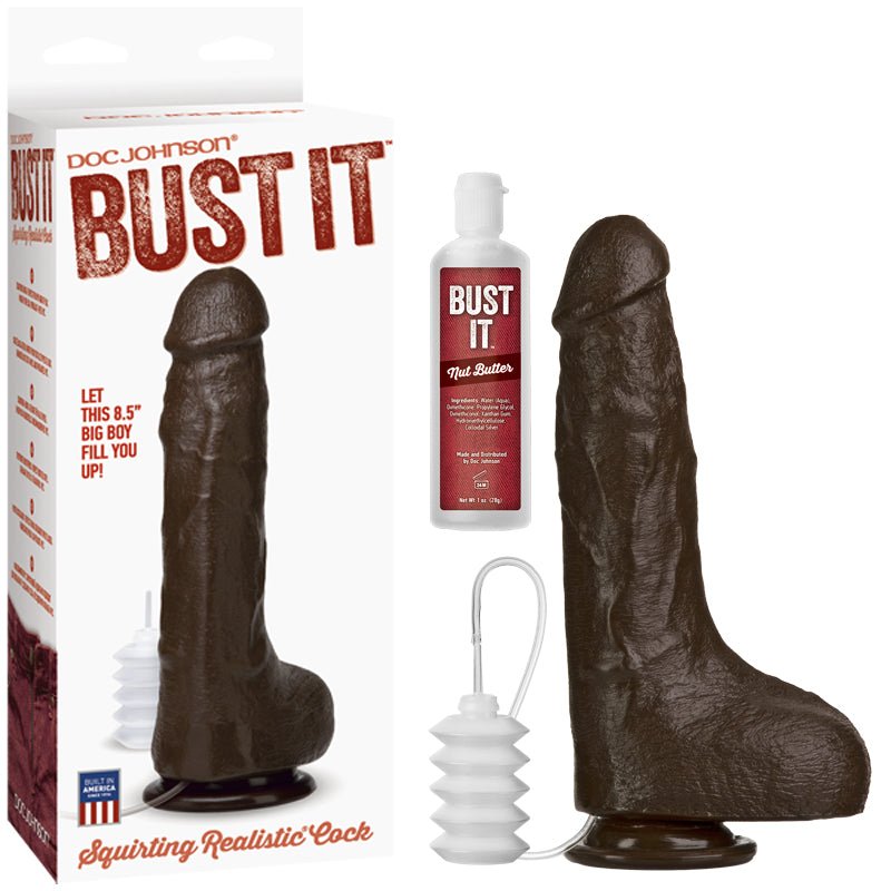 Bust It Squirting Realistic Cock Black w/1oz Nut Butter - Royal Sins