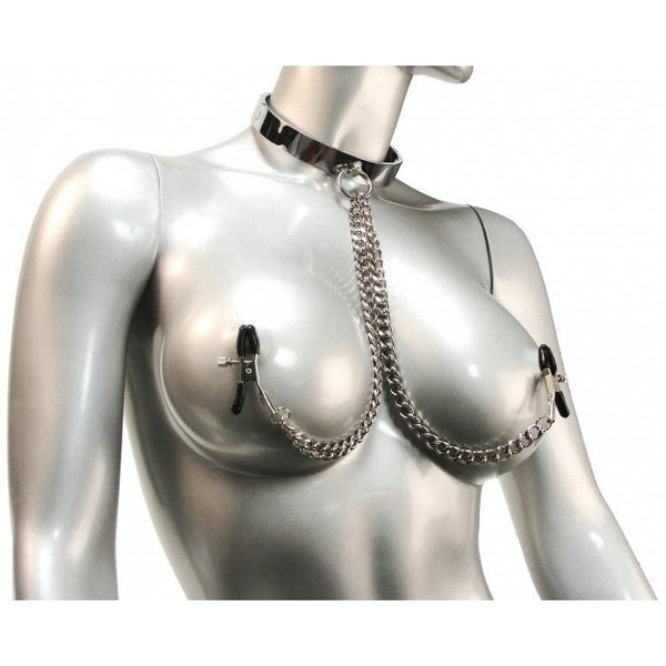 Chrome Slave Collar with Nipple Clamps - SmallMedium - Royal Sins