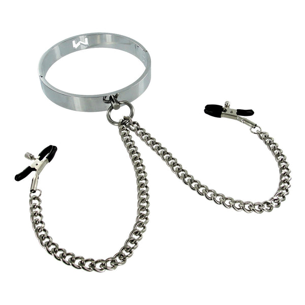 Chrome Slave Collar with Nipple Clamps - SmallMedium - Royal Sins