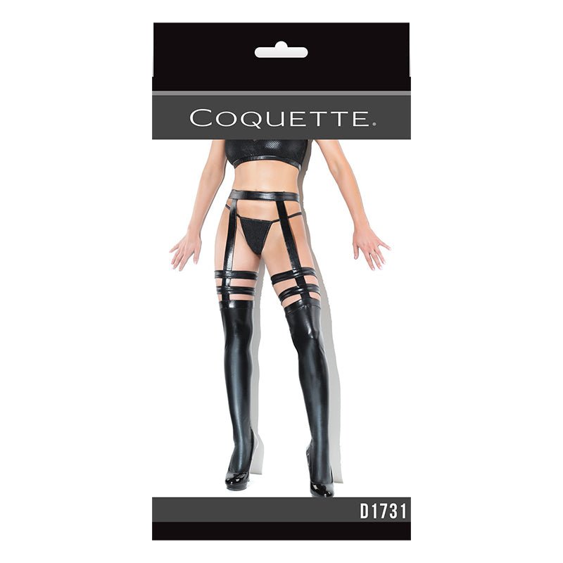 Coquette Thigh - High Wetlook Stockings with Garters Black Queen Size Boxed - Royal Sins