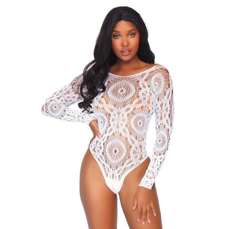 Crochet lace long sleeved snap crotch thong back teddy - Royal Sins