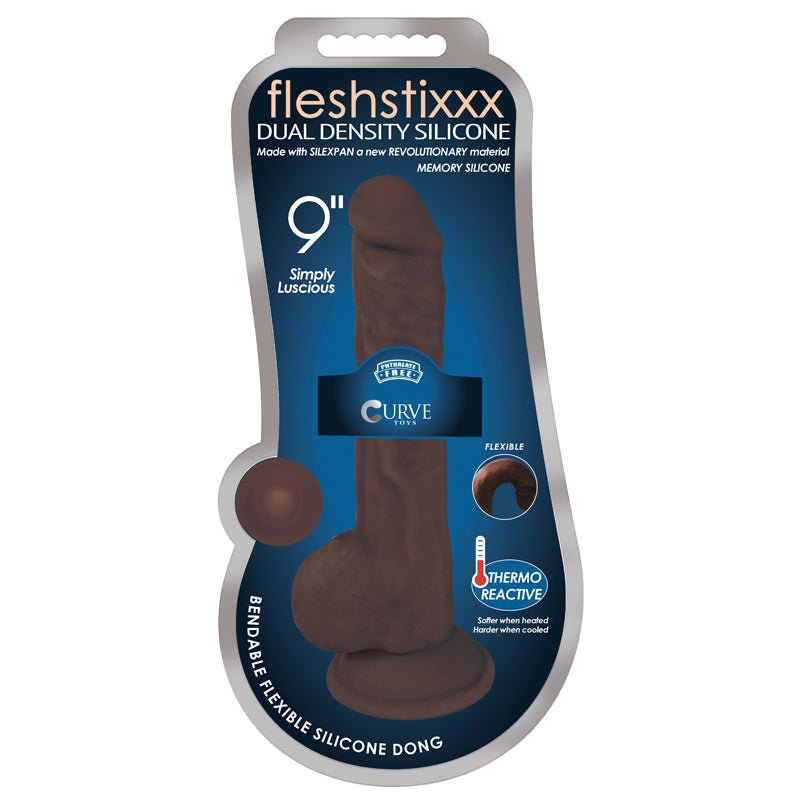Curve Toys FLESHSTIXXX 9 in. Posable Dual Density Silicone Dildo with Balls & Suction Cup Brown - Royal Sins