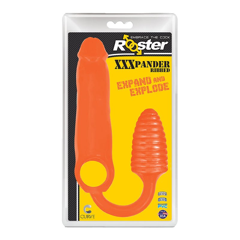 Curve Toys Rooster XXXPANDER Ribbed Penis Extender Sheath with Cockring & Anal Plug Orange - Royal Sins