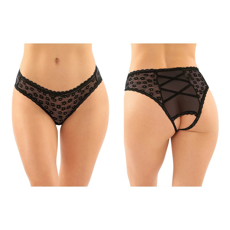 Daisy Crotchless Lace And Mesh Panty With Criss - Cross Panel Back L/XL Black - Royal Sins