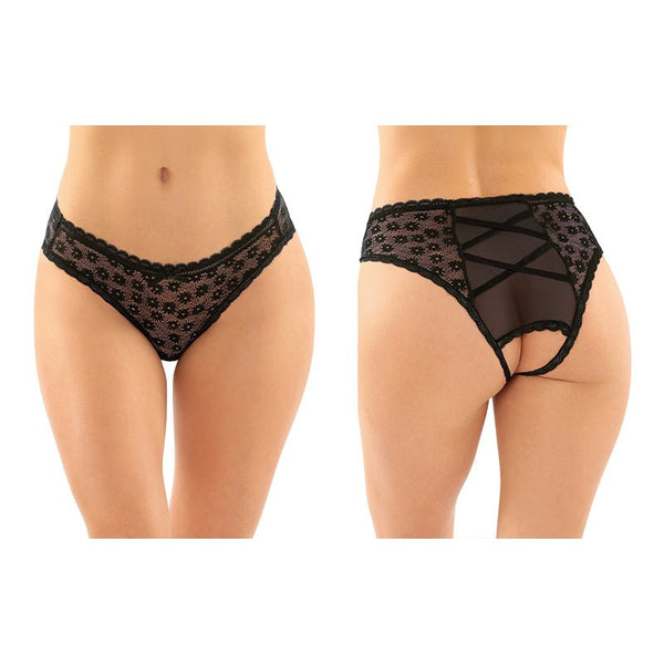 Daisy Crotchless Lace And Mesh Panty With Criss - Cross Panel Back L/XL Black - Royal Sins