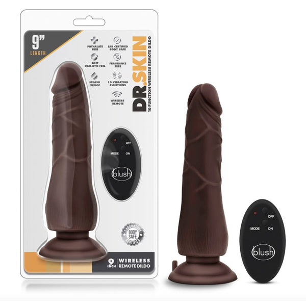 Dr. Skin - 9 inch 10 Function Wireless Remote Dildo - Chocolate - Royal Sins