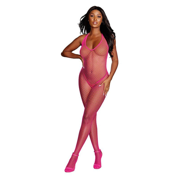 Dreamgirl Diamond - Net Halter Bodystocking With Open Crotch Neon Pink OS - Royal Sins