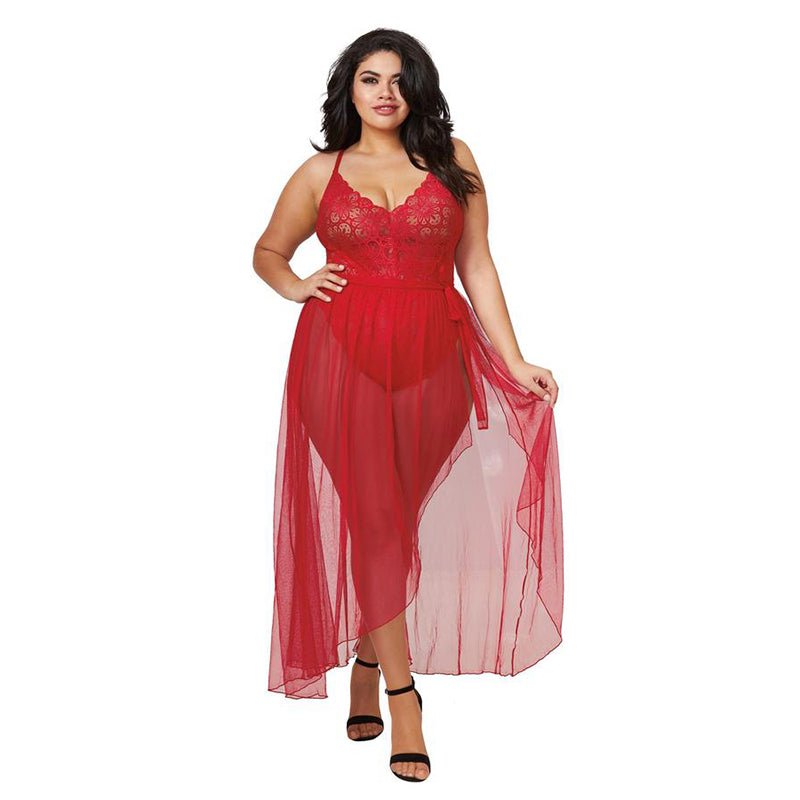 Dreamgirl Dreamgirl Teddy & Sheer Mesh Maxi Skirt With G - String Rouge Queen 3X Hanging - Royal Sins